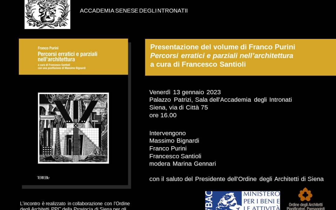 13 GENNAIO 2023PRESENTAZIONE DEL VOLUME DI FRANCO PURINI, PERCORSI ERRATICI E PARZIALI NELL’ARCHITETTURA a cura di Francesco Santioli