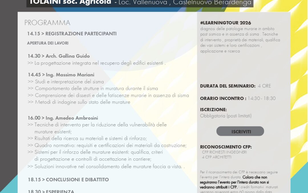 Convegno 29 ottobre 2026STUDI, DIAGNOSI DELLE PATOLOGIE E SOLUZIONI PER IL CONSOLIDAMENTO DELLE STRUTTURE IN MURATURA